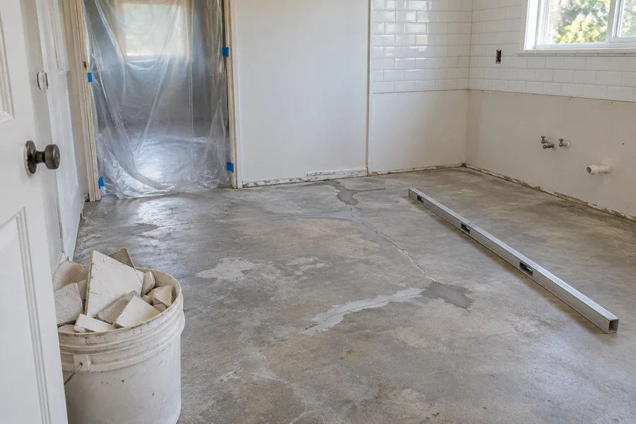 Old floor tile removed down to a clean concrete slab, scraped and ready for new tile