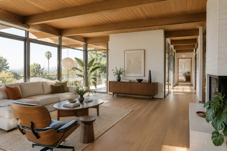 Engineered oak flooring running continuously through an open living area and hall in an LA mid-century home
