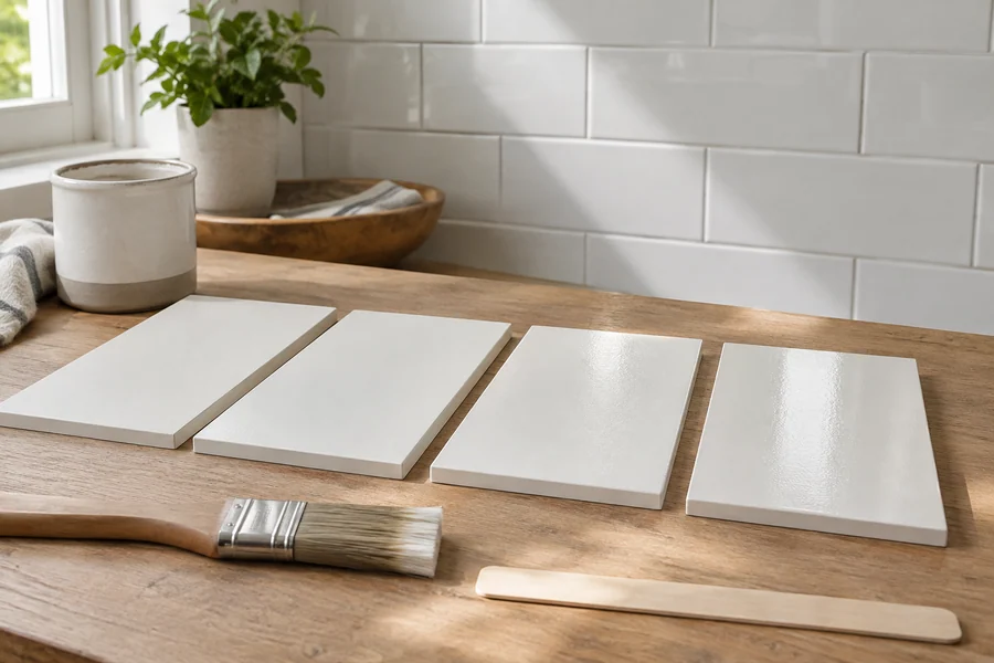 Four painted boards showing flat, eggshell, satin and semi-gloss white sheens side by side