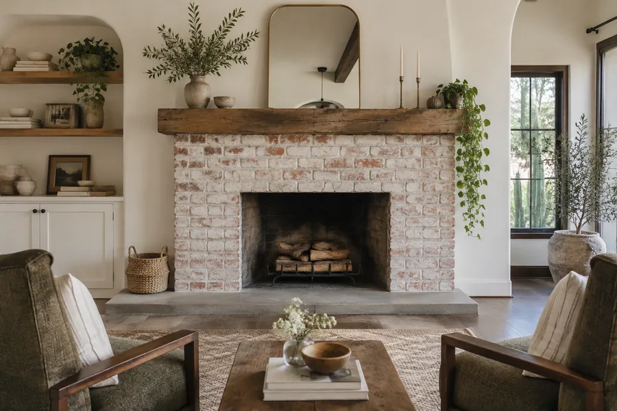 Brick fireplace with a fresh limewash finish and a new reclaimed wood mantel in an older Los Angeles home