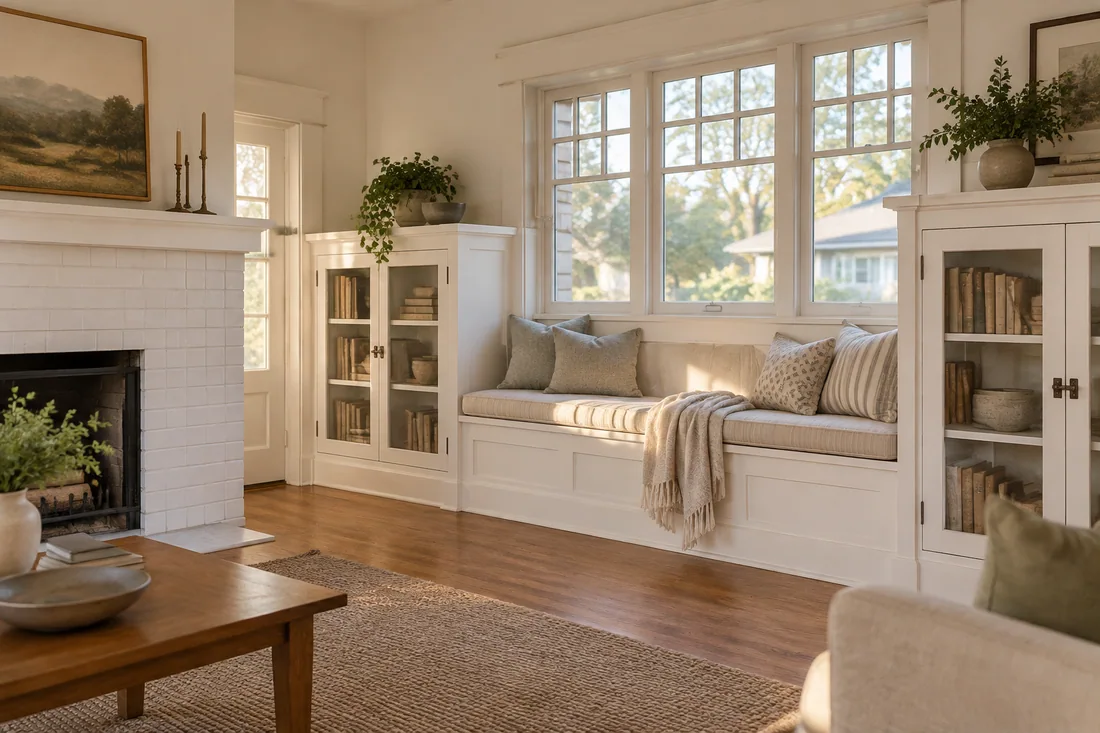 Craftsman built-in bookcase and window seat freshly painted in a soft white enamel