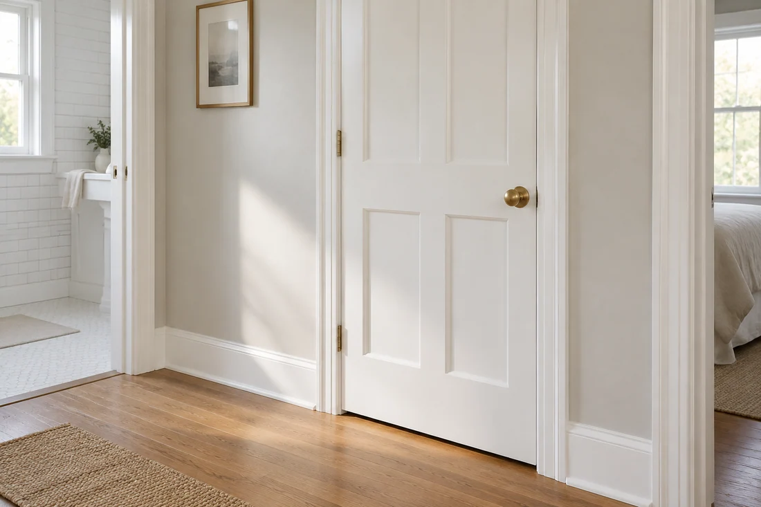 Close view of crisp white semi-gloss baseboard and door casing against a soft grey wall