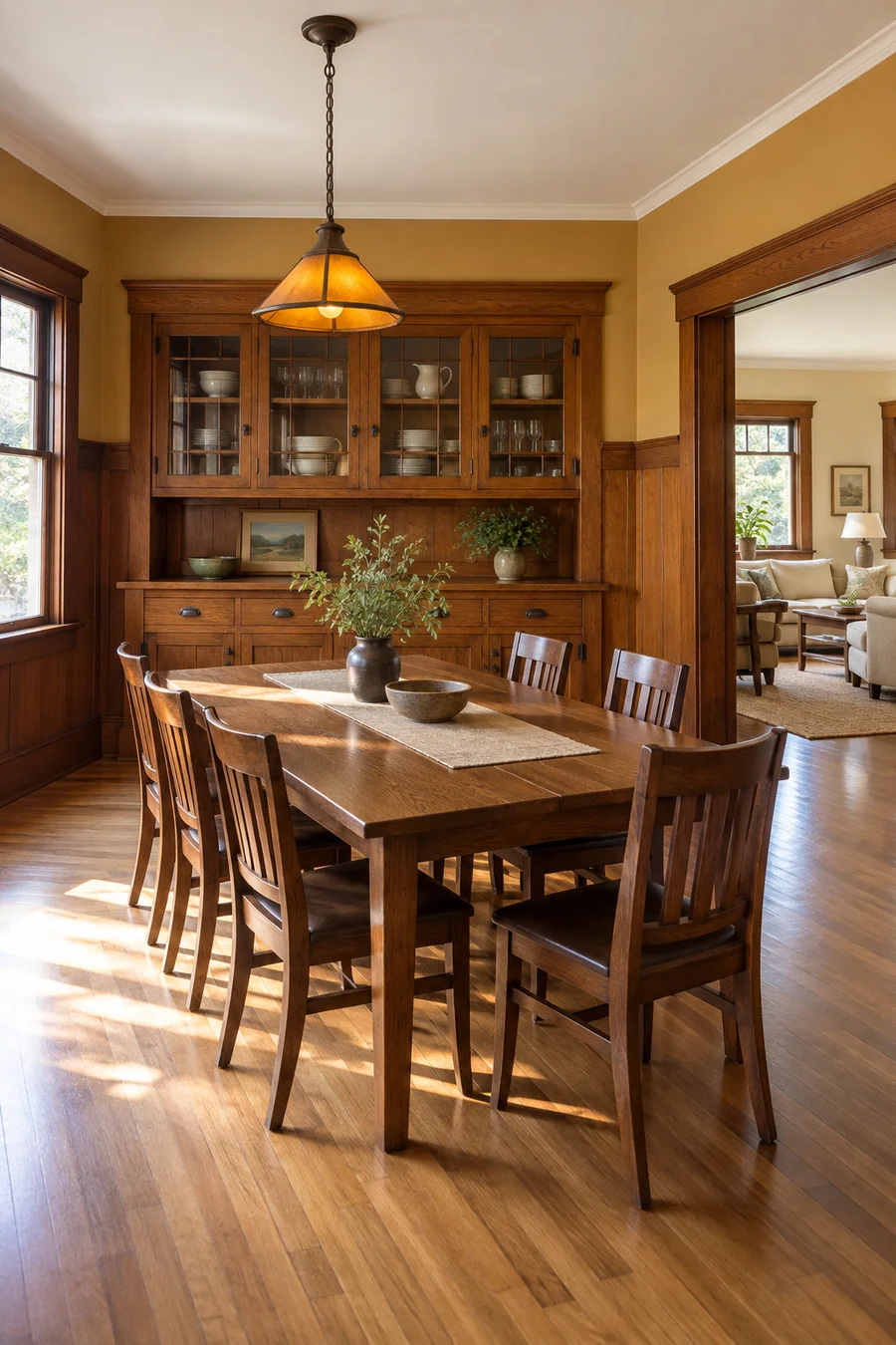 Pasadena bungalow dining room with a stained built-in buffet, new plaster-smooth walls and refinished oak floor