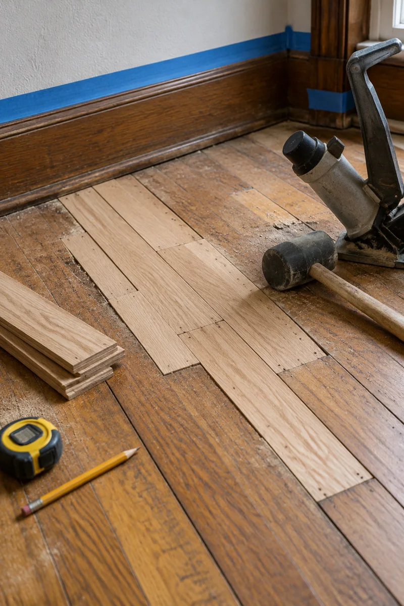 New oak boards being face-nailed and woven into an original oak floor in a Pasadena Craftsman house