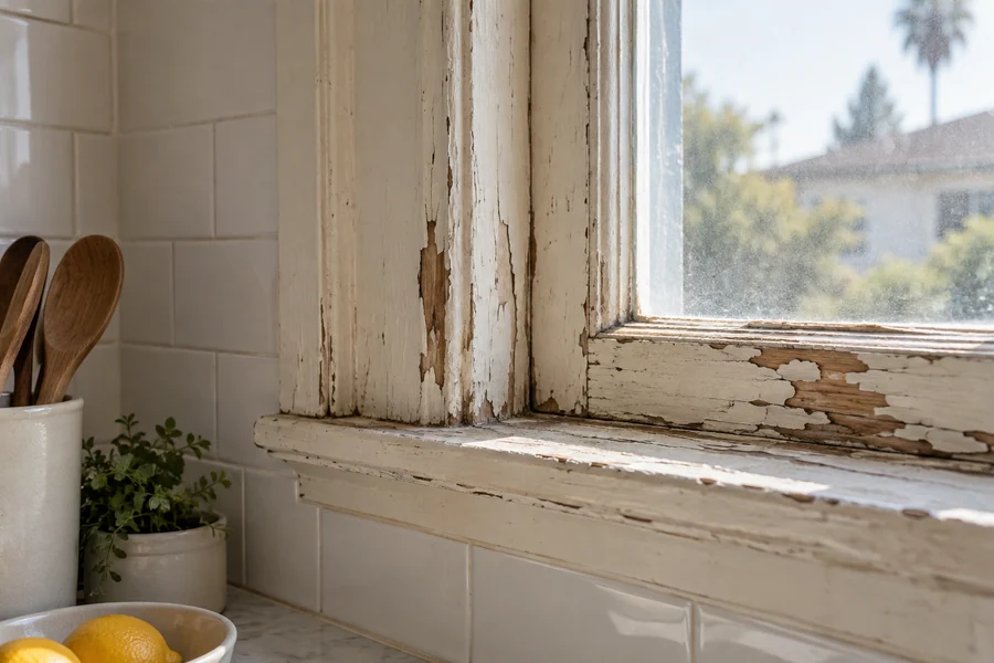 Peeling layers of old paint on wooden window trim in an older Los Angeles home