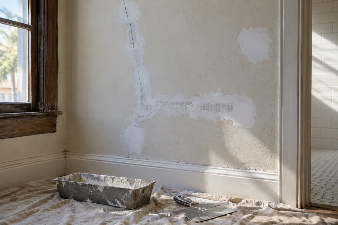 Plaster wall cracks taped with mesh and primed before painting in a 1920s home