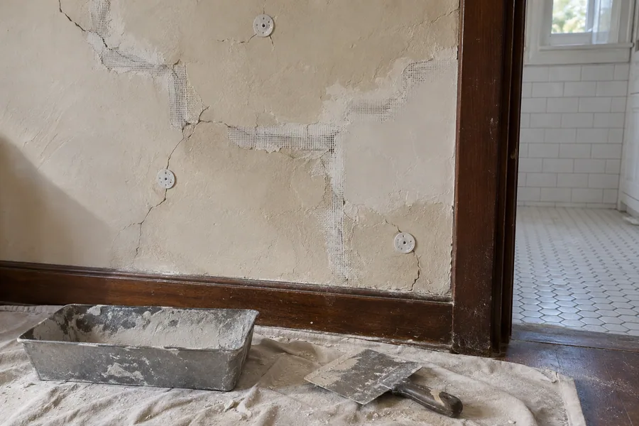 Cracked plaster wall in a Craftsman home being repaired with mesh tape and setting compound