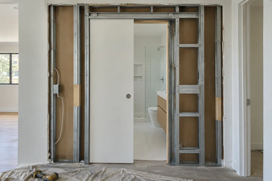 Pocket door frame installed in an opened interior wall before drywall goes back on