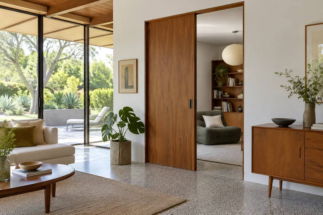Pocket door slid halfway into the wall between a living room and a den in a mid-century Los Angeles home