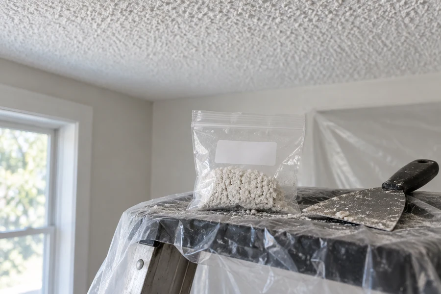 Small sample of popcorn ceiling texture sealed in a clear bag for an asbestos lab test