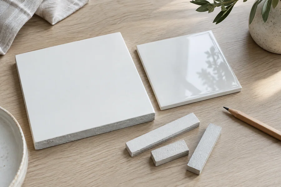 White porcelain and white ceramic tile samples side by side on a wood table