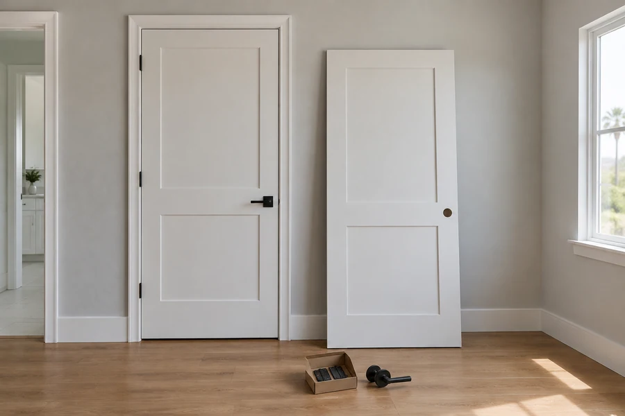 A prehung interior door in its frame next to a bare slab door, both leaning against a wall