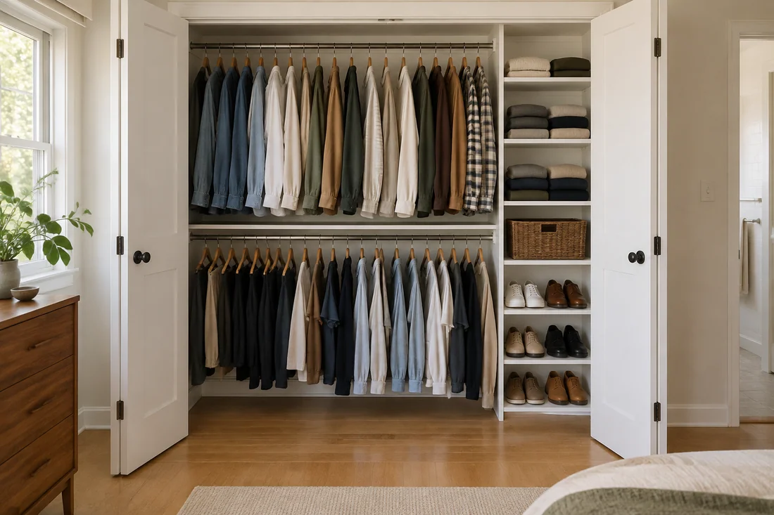 Reach-in closet in a ranch-home bedroom with double-hang rods, a shelf tower and full-width hinged doors