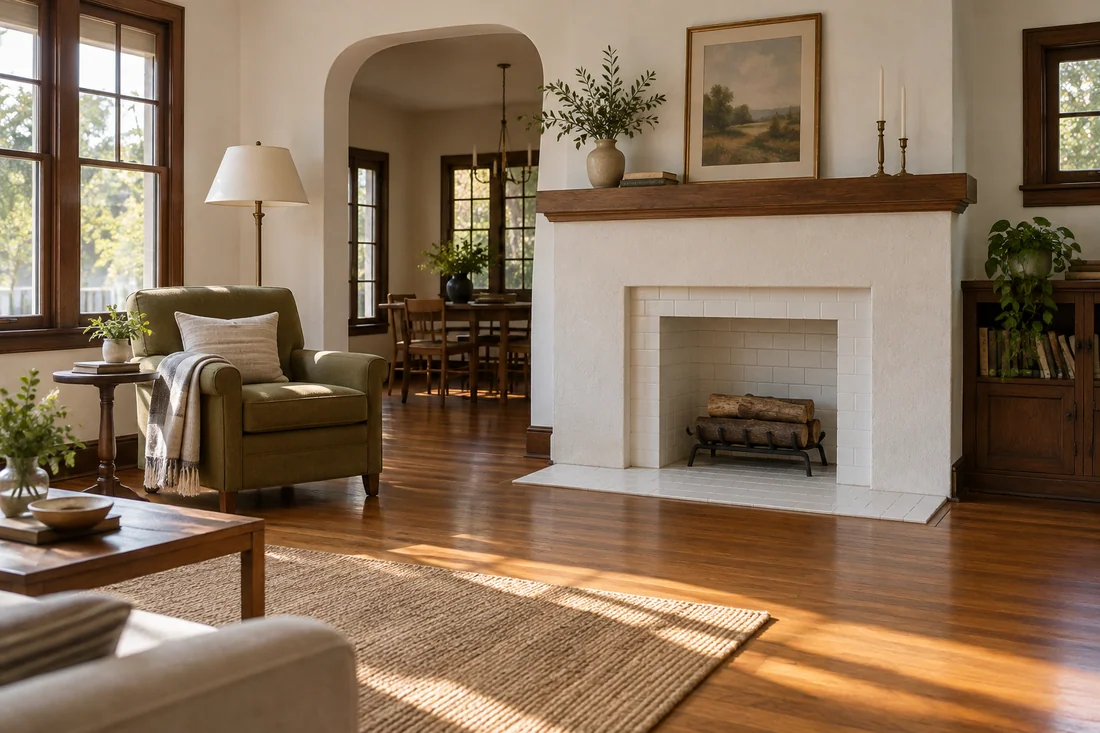 Original 1920s oak floor refinished to a warm satin glow in a Los Angeles home