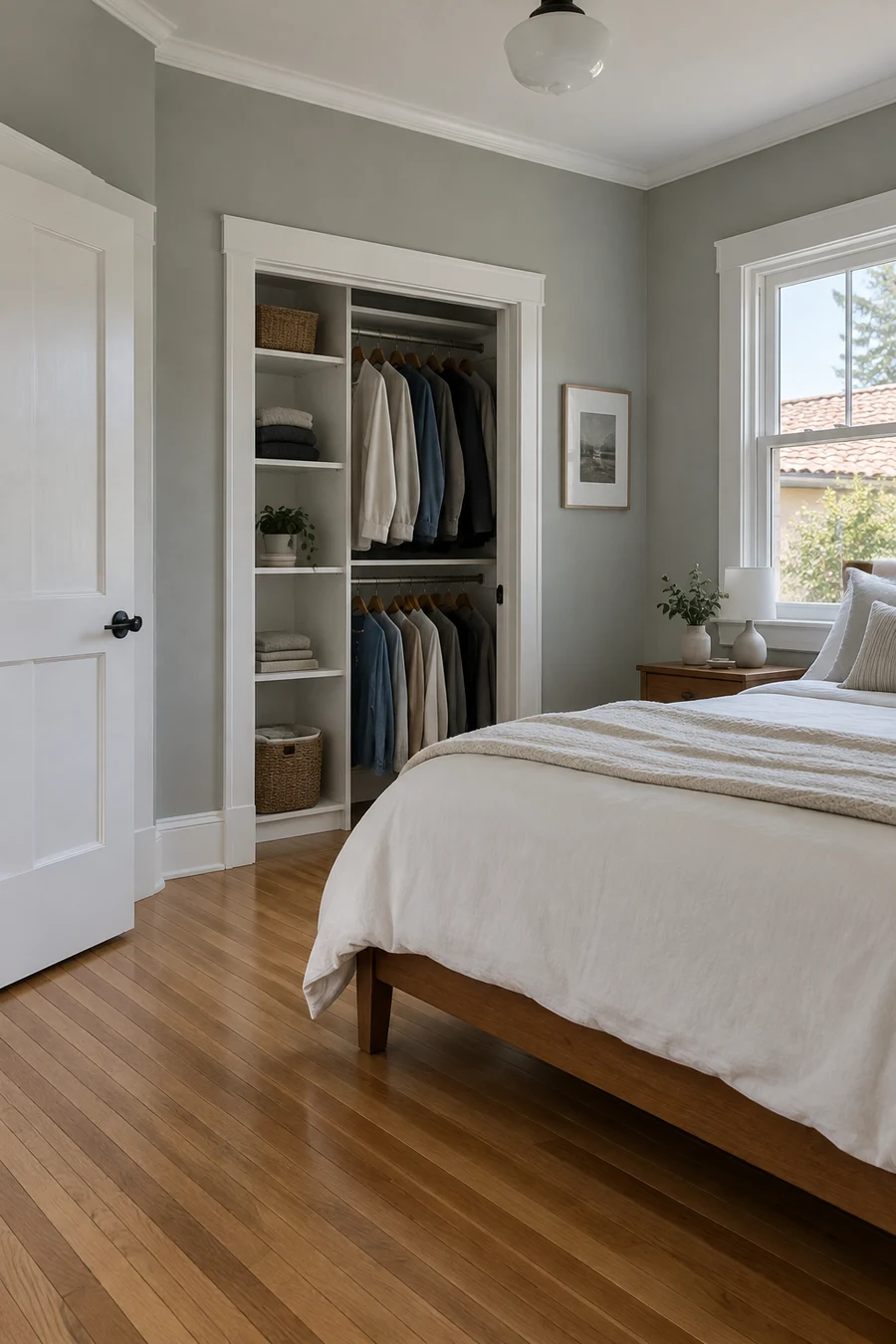 Refinished oak floor and fresh paint in a Santa Monica, CA bungalow bedroom after an interior remodel