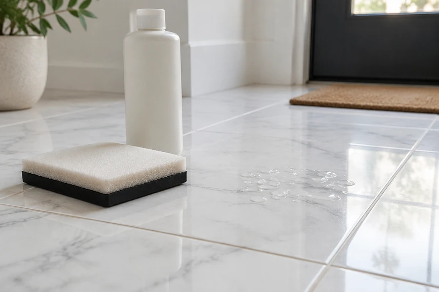 Sealer being applied to white marble floor tile and grout with a small applicator pad