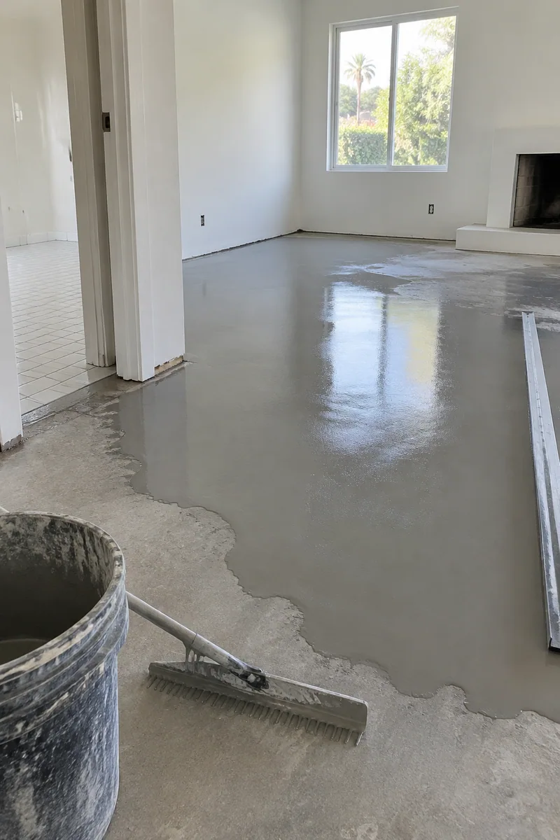 Self-leveling compound spread across a concrete slab to flatten it before new flooring