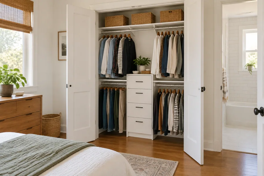 Small bedroom reach-in closet after a makeover with double rods, drawers and new doors