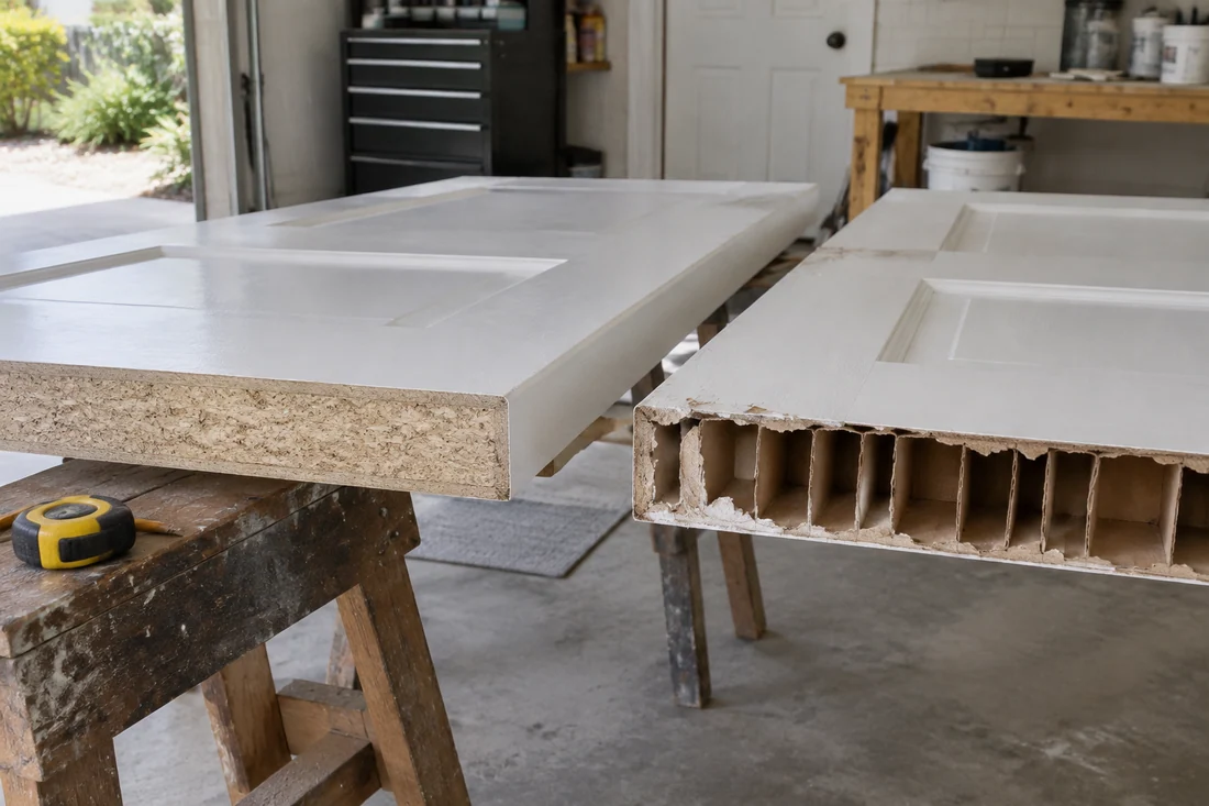 Solid-core and hollow-core interior door slabs side by side, edges showing the dense core and the honeycomb