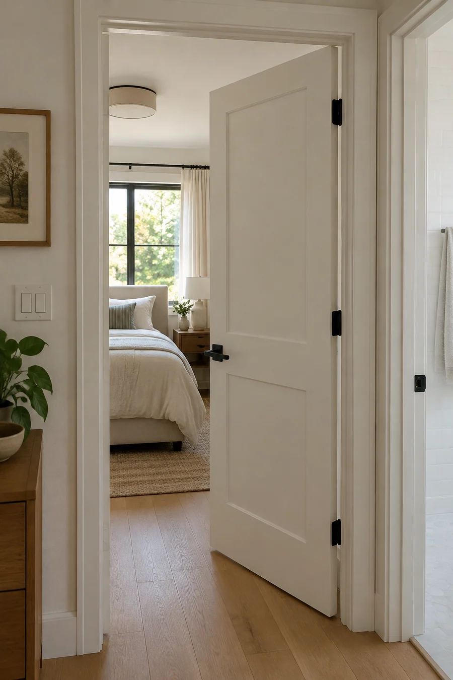 Tall view of a new solid-core Shaker interior door with a black lever in a Valley ranch home bedroom doorway
