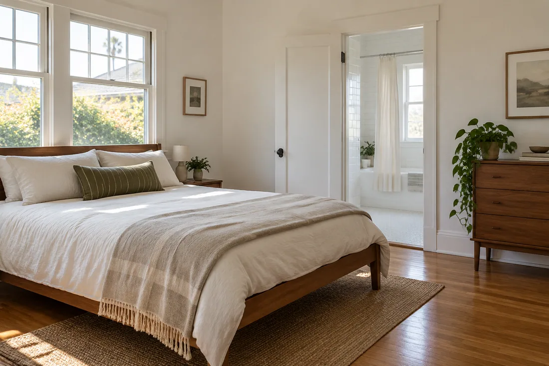Solid red oak strip hardwood floor in a bungalow bedroom with painted wood trim