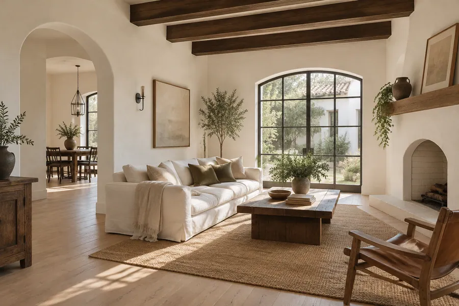 Spanish Revival living room with wide white oak floors and smooth plaster walls