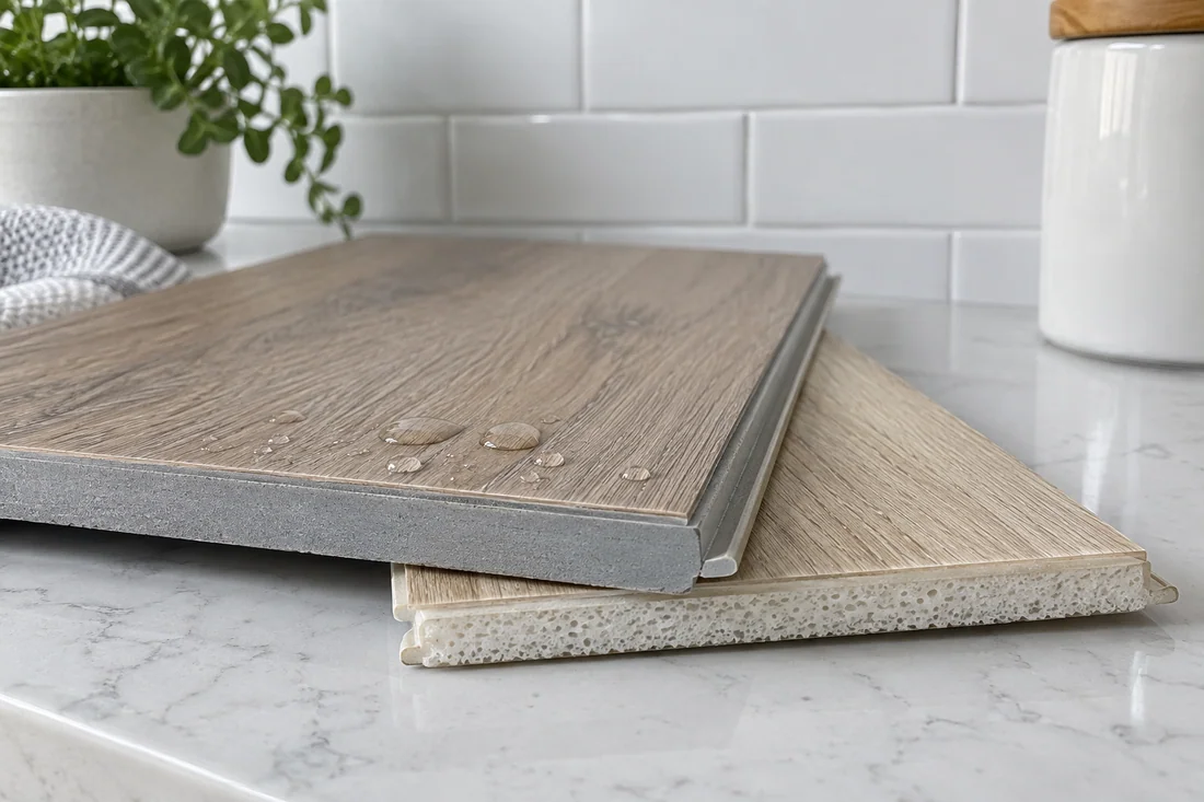 Cut edges of rigid-core and foamed-core vinyl planks laid side by side
