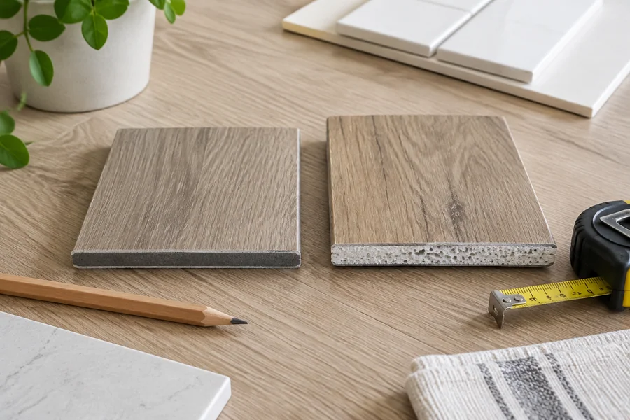 Rigid-core and foamed-core vinyl plank samples side by side on a wood table