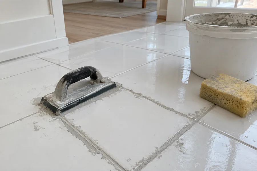 Close view of white floor tile being regrouted with fresh pale grey grout and a rubber float