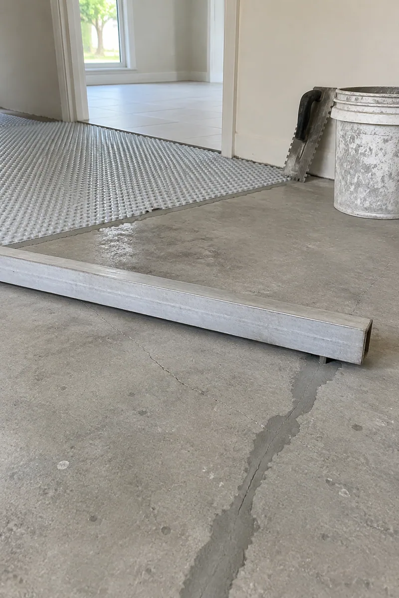 Uncoupling membrane rolled over a concrete slab with a long straightedge checking for flatness