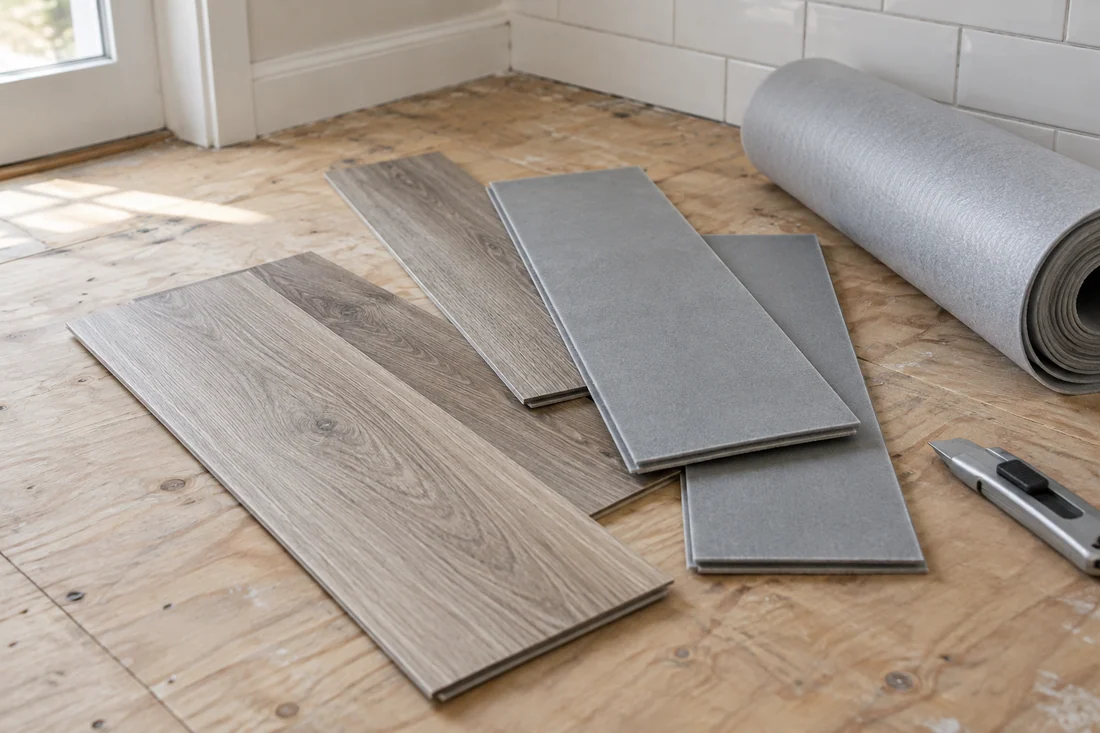 Vinyl plank samples turned over to show an attached foam underlayment pad