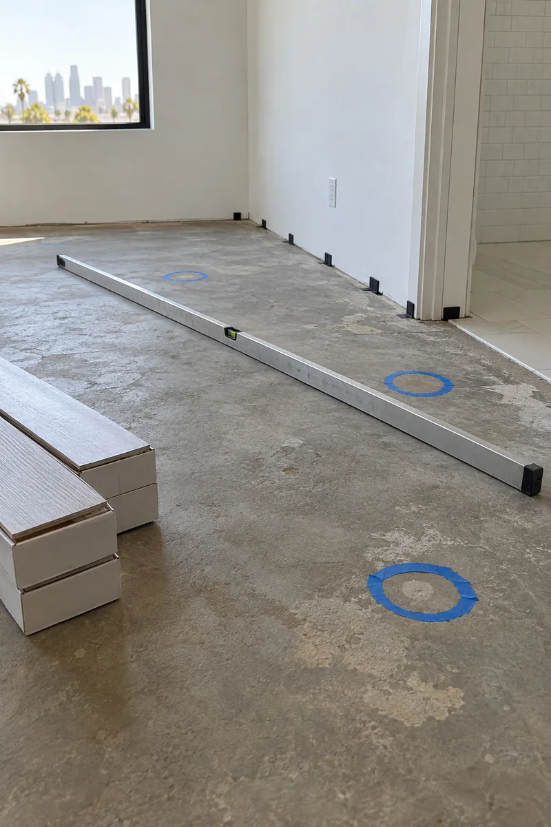 Long straightedge across a slab and spacers at the wall before vinyl plank installation
