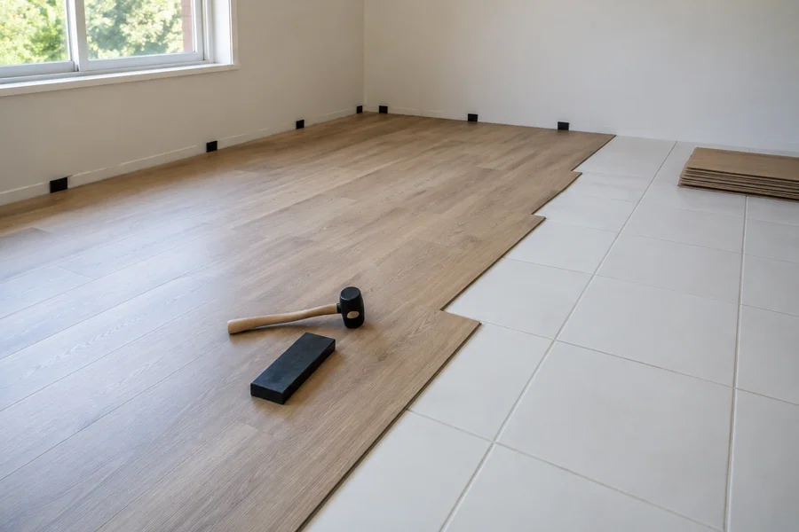 New vinyl planks going down over an old white tile floor in a Los Angeles home