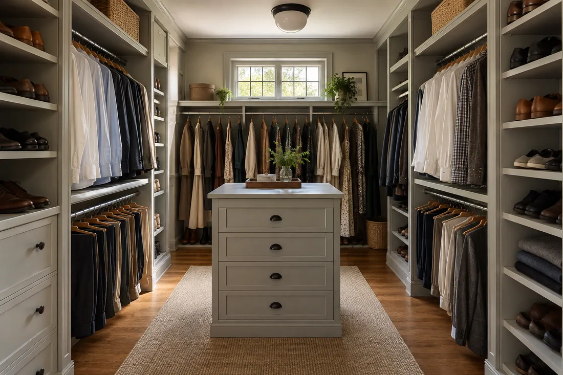 Walk-in closet with long-hang on the far wall, double hang on the sides and a small island with drawers