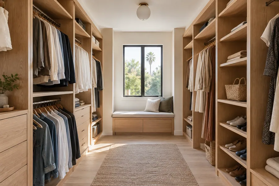 U-shaped walk-in closet layout with storage on three walls in a Los Angeles home