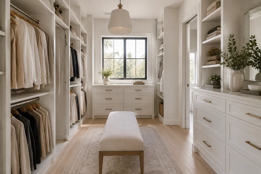 Walk-in closet with painted shelves, drawers and a bench in a Los Angeles home