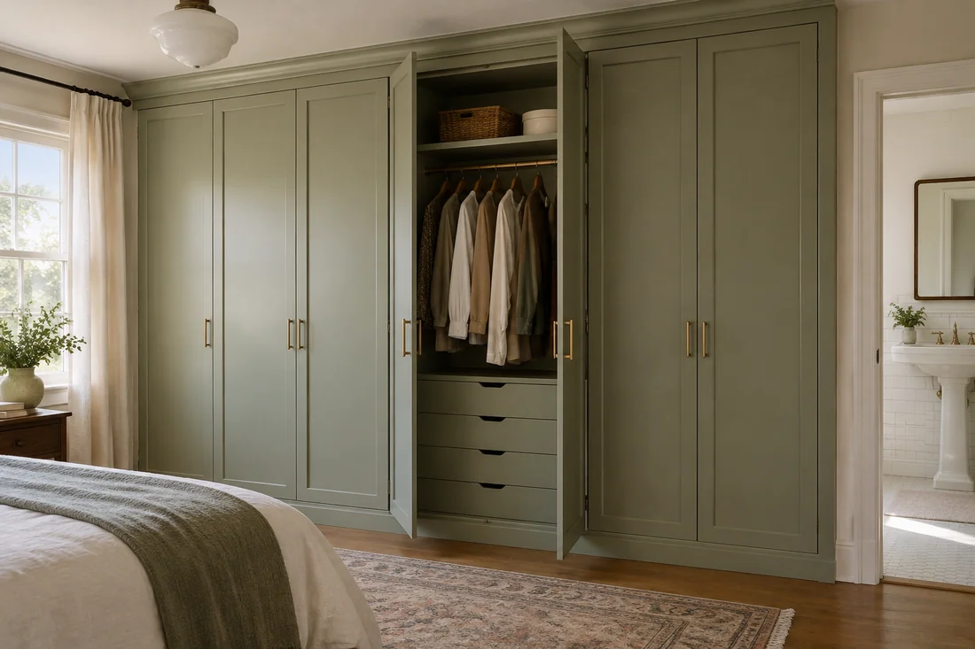 Floor-to-ceiling built-in wardrobe wall with painted doors in a bedroom with no closet
