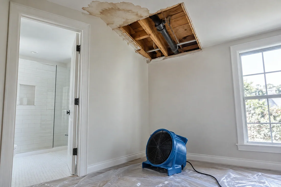 Water-damaged drywall ceiling cut open to dry the framing after a leak