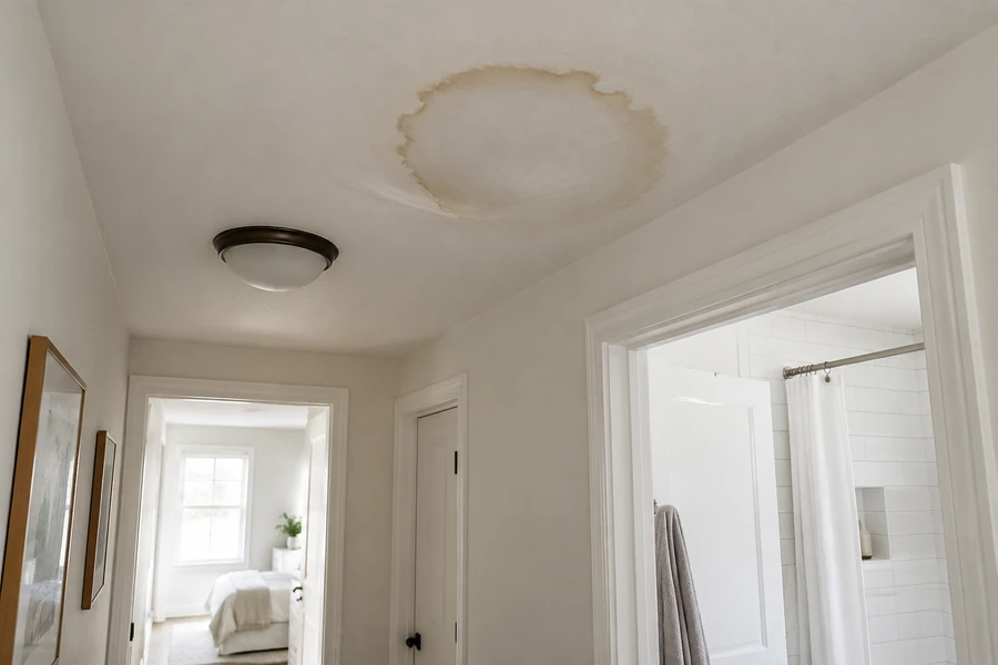 Brown water stain spreading on a white drywall ceiling below a bathroom in a Los Angeles home