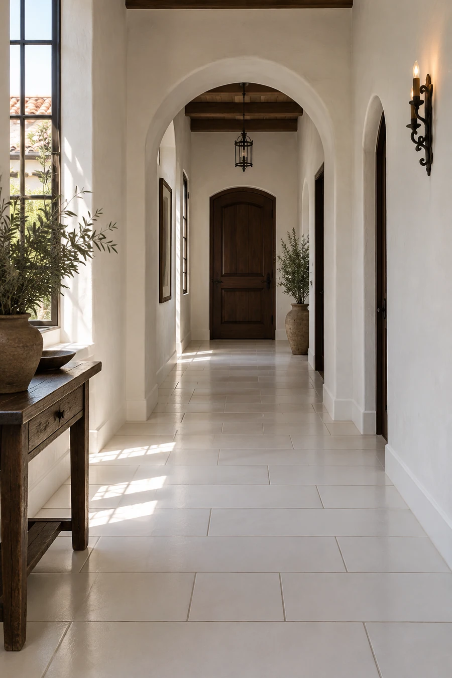 Tall view of a Spanish Revival hallway with a new white porcelain tile floor and plaster arches