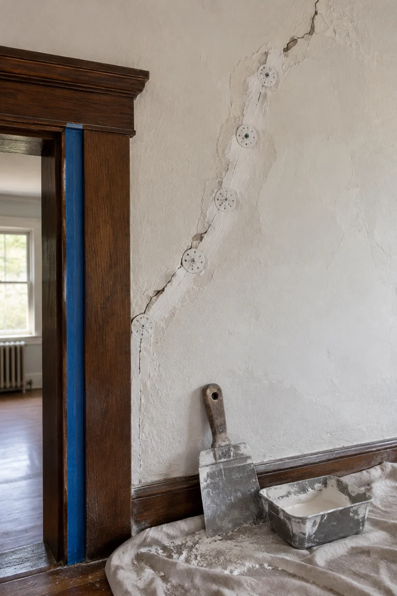 Plaster crack being repaired and skim-coated on an older wall in a Whittier, CA home