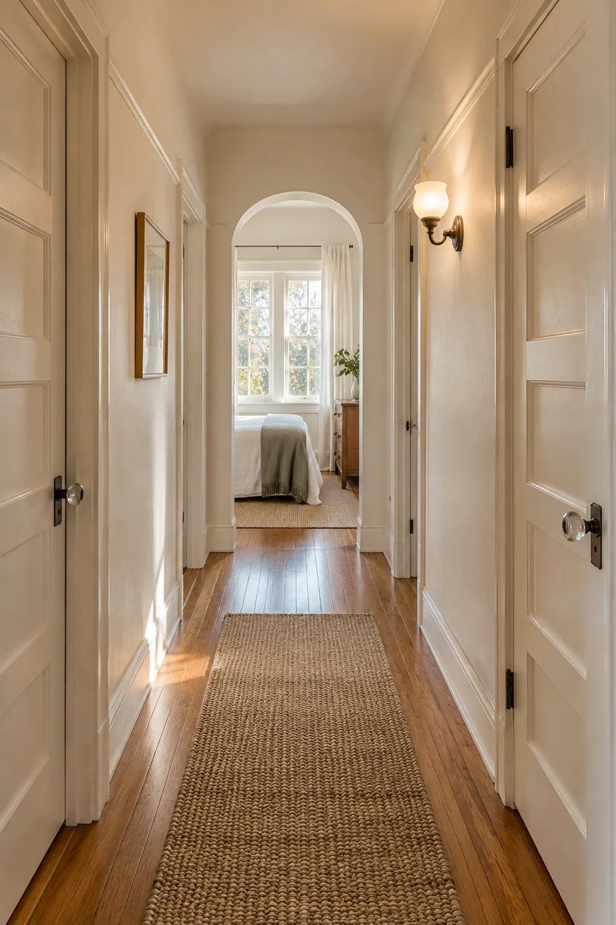 Hallway of an older Whittier, CA home with rehung five-panel doors, repaired plaster and refinished fir floor