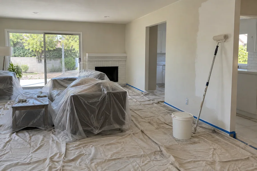 Whole-house interior painting in progress with furniture covered and drop cloths on the floors