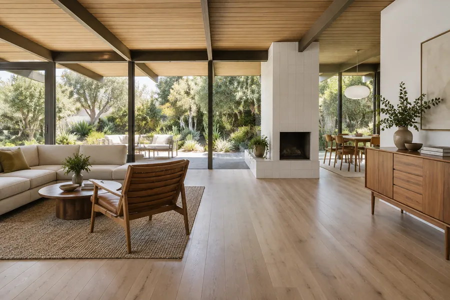 Wide-plank engineered white oak flooring in an open mid-century living area