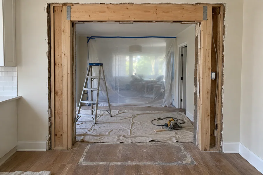 Interior doorway being widened, with a new wood header and framing exposed in an opened wall
