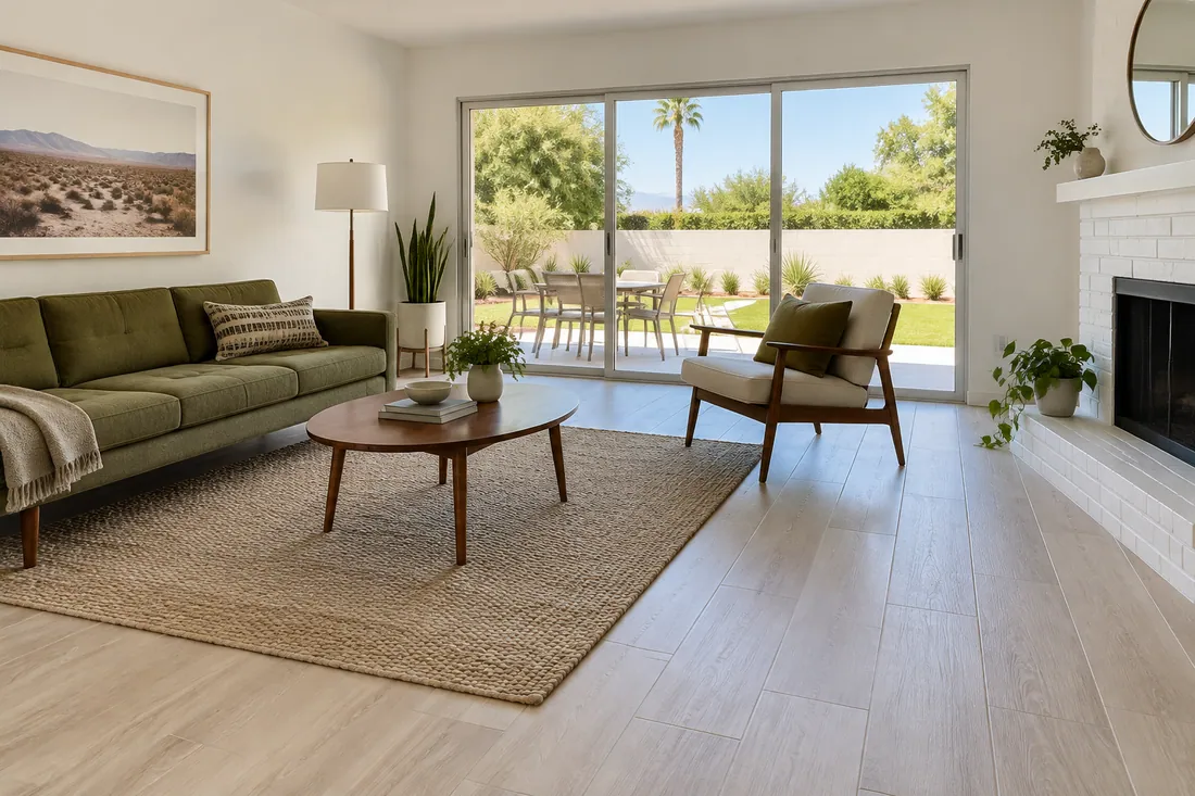 Den in a Valley ranch home with a light wood-look porcelain plank tile floor and a sliding door