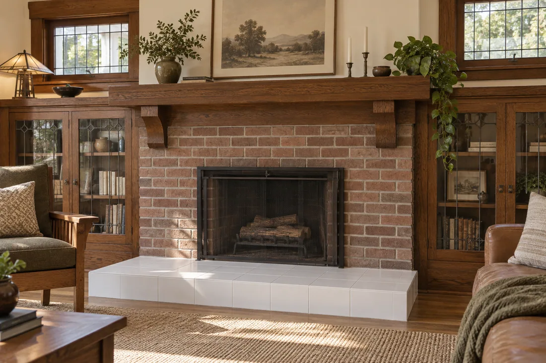 Craftsman fireplace with a new stained wood mantel and a hearth extending in front of the opening