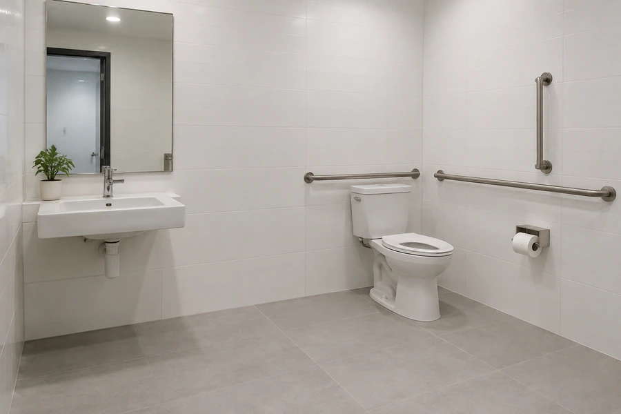 Accessible office restroom with grab bars, a wall-hung sink and white tile in a Los Angeles building