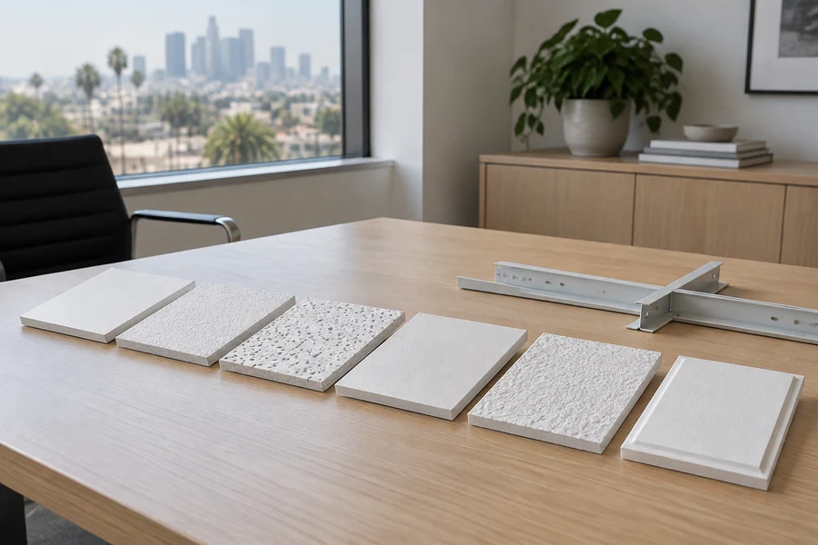 Acoustic ceiling tile samples with different textures laid out on an office table