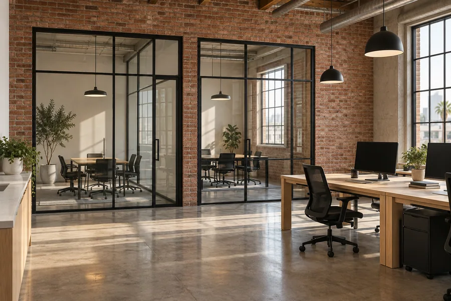 Brick loft office with black-framed glass meeting rooms and pale oak worktables